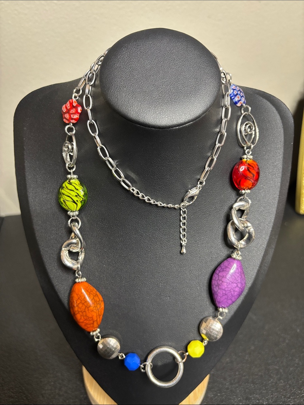 Multicolor Millefiori Glass Mixed Media Bead Statement Necklace Silver Tone